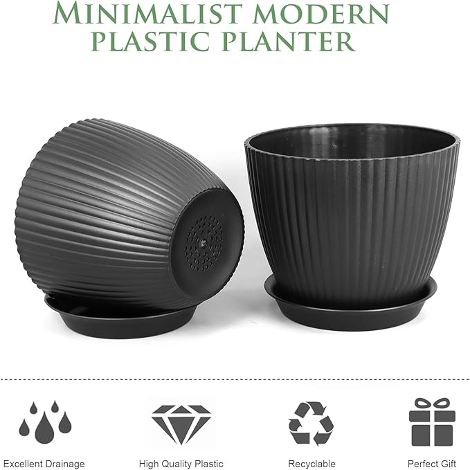 7/6.2/5.5/5/4.5/4 inch Flower Pots, 6 Pack Plant Pots for Small Indoor Outdoor Plants, Plastic Planters with Drainage Holes and Saucers for Garden Succulent House Plants, Black