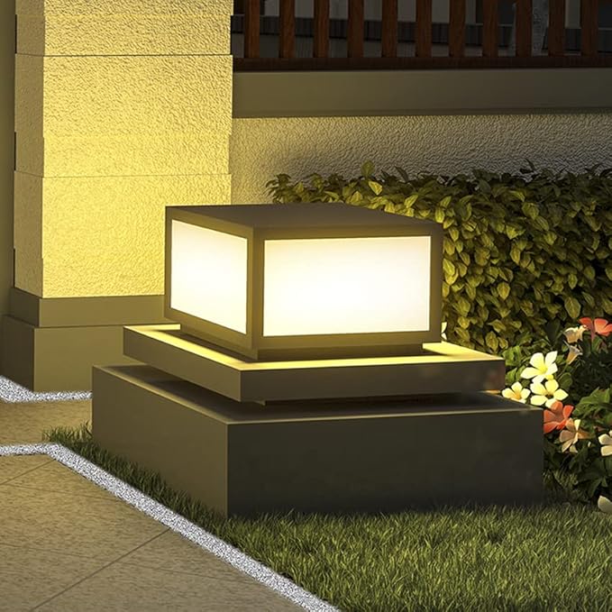 Pillar Lamp Post Light, Tempered Glass Shade，Fence Deck Cap Light Lantern Column Lamp for Flat Surface Patio Garden Decoration with IP55 Waterproof E26 LED Bulb (Electric Powered)