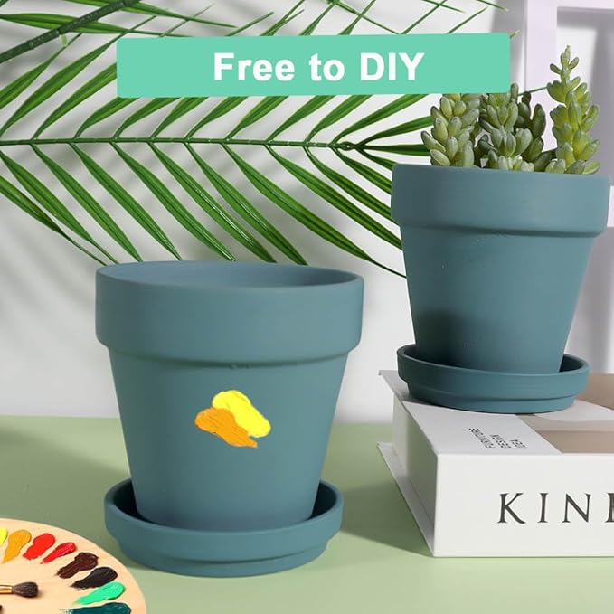 vensovo 4 Inch Small Steel Blue Terracotta Plant Pots with Saucer - 6 Pack Clay Flowerpots with Drainage, Great for Indoor Outdoor Plants, Crafts, Wedding Favor