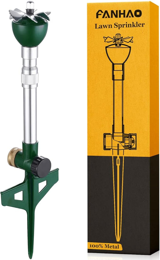 FANHAO Garden Lawn Sprinkler for Yard, 100% Metal Water Sprinkler with Heavy Duty Spike Base, 360 Degree Watering for Lawn, Nursery and Grass Irrigation, Kids Playtime