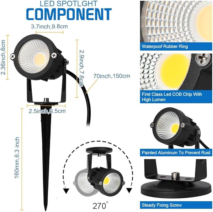 9W LED Landscape Lighting,LED Landscape Spotlight Outdoor for Flag Pole Light,Plug in Landscape Lights Warm White for Garden Decorative Lamp 6FT Cord US 3 Prong (Base,Stake Included) 2Pack