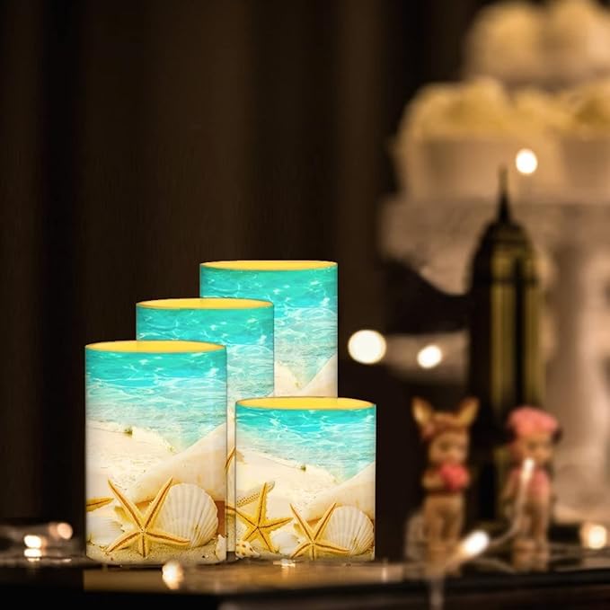 Beach Starfish Seashell Flameless Light Candles Battery Powered with Timer Remote Color Chaging Pillar Fake Candles Pack of 4 for Wedding Home Outdoor Decor