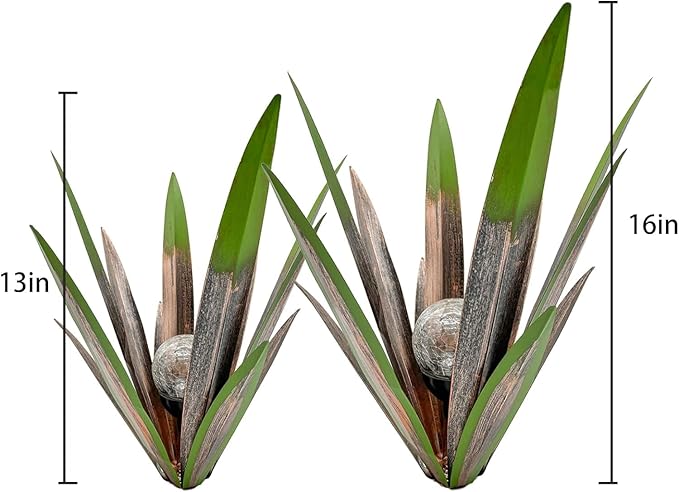 Metal Agave Plant Garden Art, 2 Pack Big Tequila Rustic Sculpture, Rustic Metal Agave Plants Garden Lawn Home Ornaments, for Yard Stakes, Garden Figurines, Outdoor Patio (2 PCS Green with Light)