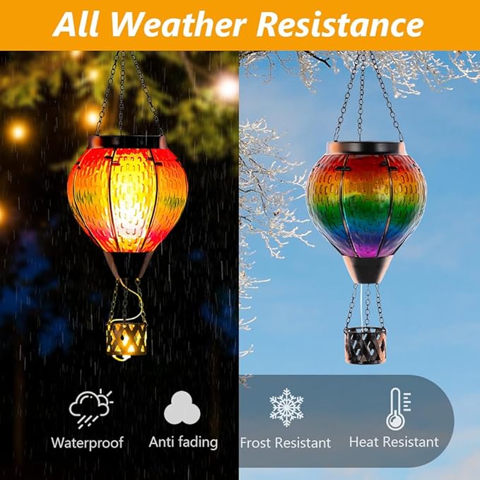 DREAMSOUL Hot Air Balloon Solar Lantern with Candle Holder, Glass Hanging Solar Lantern with Flickering Flame, Solar Lanterns Outdoor Waterproof for Lawn, Patio, Porch, Tree Decor