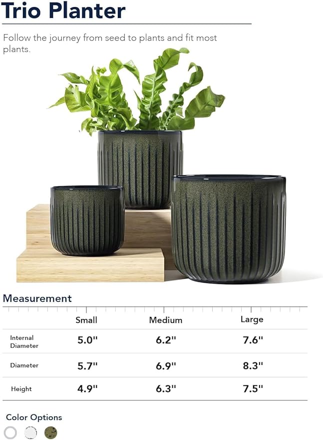 LE TAUCI Ceramic Planters for Indoor Plants, 8.3+6.9+5.7 inch Plant Pots with Drainage Holes, Cylinder Flower Pot for Indoor House Plant, Set of 3, Glaze Dark Olive