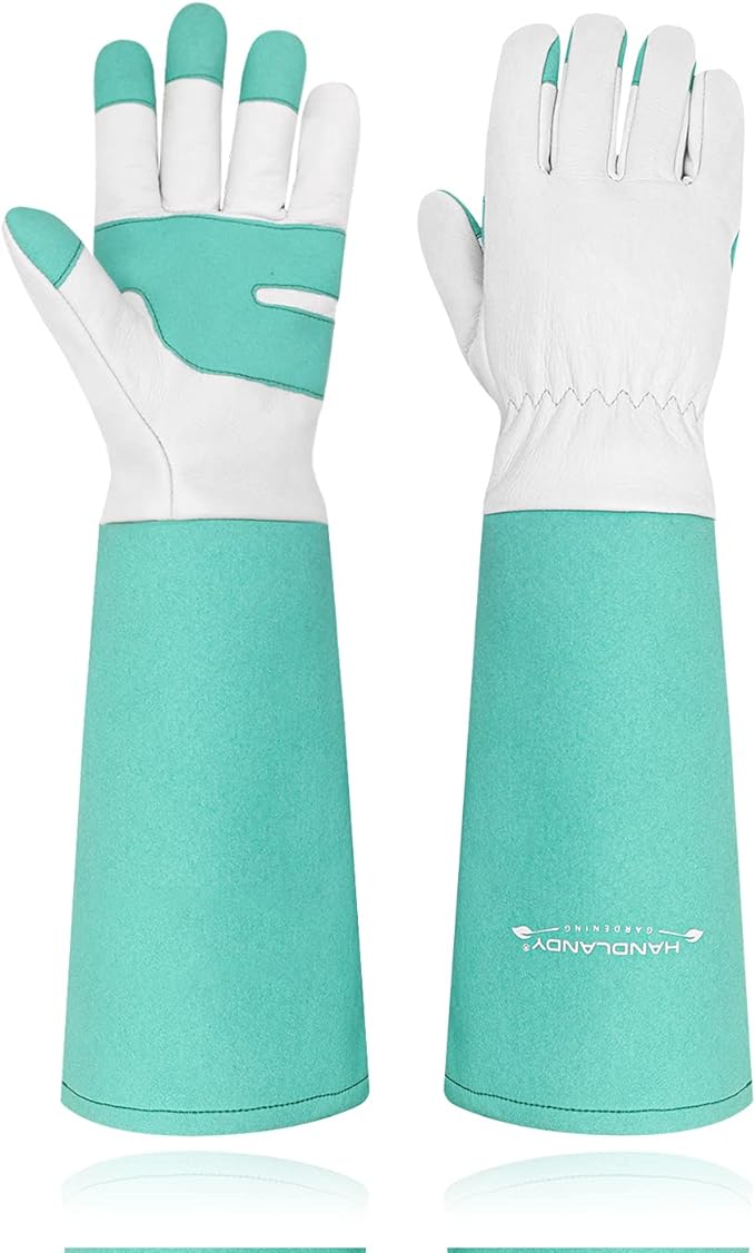 HANDLANDY Long Gardening Gloves for Men & Women, Thorn Proof Rose Pruning Gloves Leather Gauntlets Garden Gloves Yard Work Gloves (Medium, Green)