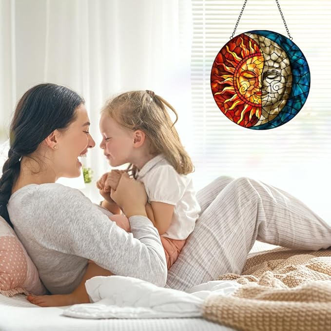 Sun and Moon Suncatcher Stained Glass Window Hanging - Handmade Stain Glass Suncatchers with Chain - Sun Catchers Indoor Window Glass Panel for Home Decor Garden Thanksgiving Valentines Day Gifts