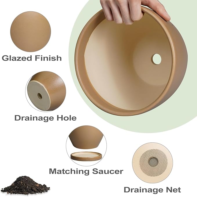 Ceramic Pots for Plants - 8 Inch Planter, Indoor Plant Pot with Drainage Hole and Saucers, Modern Flower Planter, Home Garden Patio Bathroom Porch Room Decor, Brown