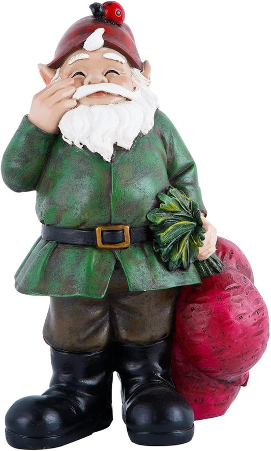 Topadorn Gnomes Figurine Resin Sculpture Garden Gnome Drag a Brunch of Radishes Statue with a Ladybug for Outdoor Garden Decor, Radish Harvest 10 Inch