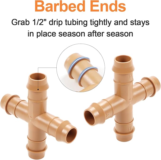 Drip Irrigation Cross Fittings, 12 Pieces 1/2'' Drip Line Barbed Cross Tee Connectors for 1/2 Inch Irrigation Tubing 4-way Cross for Garden Drip Sprinkler Systems
