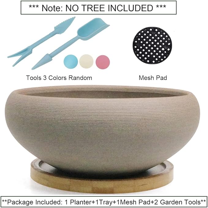 MUZHI Round Unglazed Ceramic Bonsai Pot with Bamboo Tray, Large Rough Pottery Succulent Planter with Drainage Hole 8 inch …