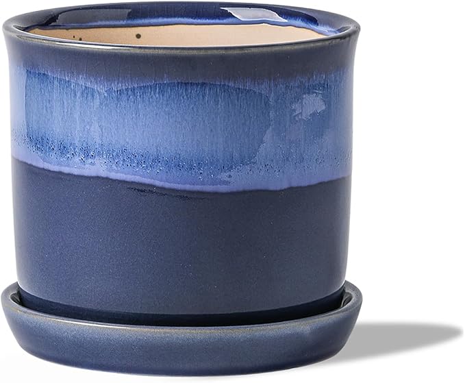 6 Inch Plant Pot: Ceramic Planter with Drainage Hole & Saucer for Indoor Outdoor Plants - Flowerpot with Bonded Tray for Home Office - Blue Reactive Glaze