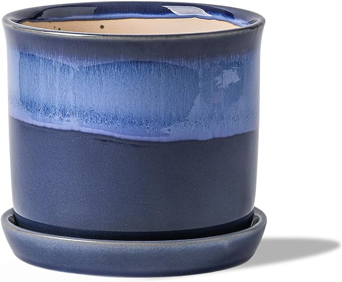 6 Inch Plant Pot: Ceramic Planter with Drainage Hole & Saucer for Indoor Outdoor Plants - Flowerpot with Bonded Tray for Home Office - Blue Reactive Glaze