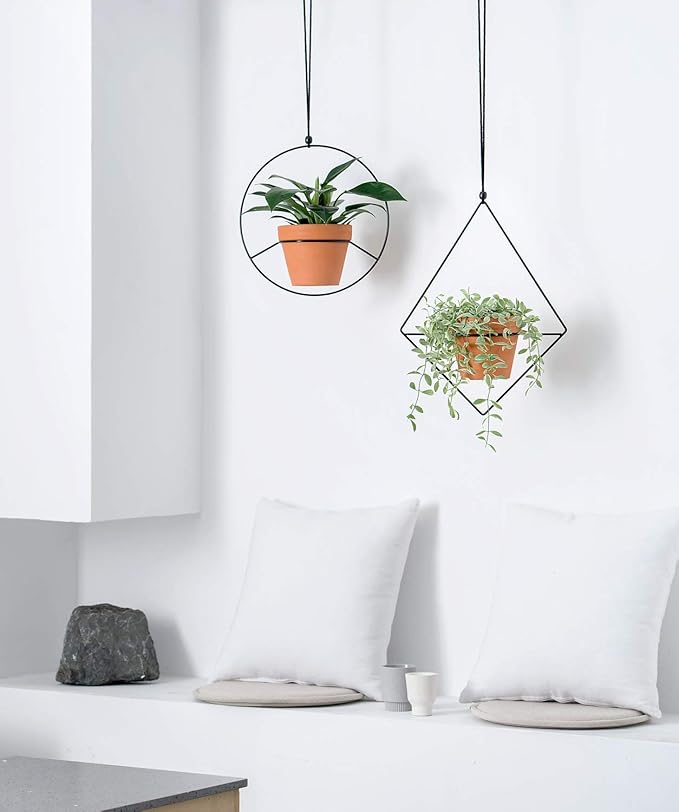 Mkono Boho Hanging Planter, Set of 2 Metal Plant Hanger with Plastic Pots, Modern Mid Century Flower Pot Plant Holder in Diamond and Circle Shape, Fits 6 Inch Planter (Pots Included), Black