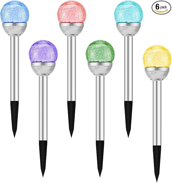Solar Garden Lights Cracked Glass for Outdoor Waterproof Landscape Pathway Decorations 7 Colors Changing 6 Packs