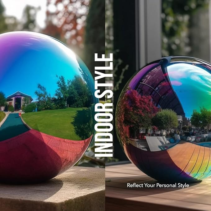 10 Inch Stainless Steel Gazing Globe,v2croft Hollow Ball Mirrored Surface Polished Shiny Sphere,Garden Stainless Steel Gazing Ball for Outdoor Lawn Pond Yard Ornament(rainbow)
