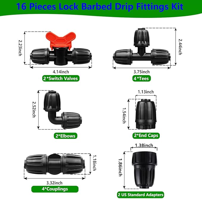 16PCS1/2-inch Irrigation Fitting Black Lock Barb Connector for (1/2" ID x0.64 OD) 16mm Eyedropper Barb Lock Nut Connector 2 End Caps,2 Elbows,2 On-Off Valves,4 Triway Ard 2 Adapters,4 Straight