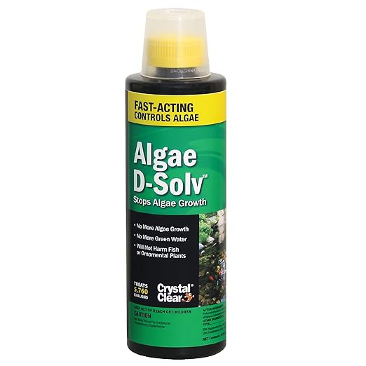 CrystalClear Algae D-Solv Pond Algae Control, Fast-Acting EPA Registered Algaecide, Use in Fountains & Outdoor Ponds Containing Koi & Other Fish, Treats 5,760 Gallons, 16 Ounces