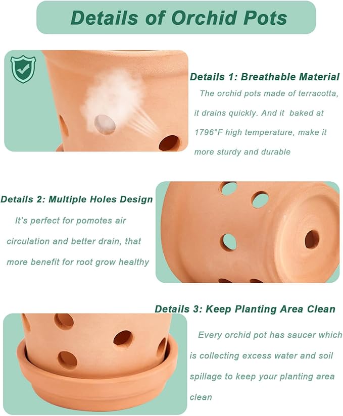 vensovo Terracotta Orchid Pots with Holes and Saucers - Clay Orchid Planter Pots for Repotting, Plant Flower Pots for Orchid Indoor and Outdoor Promotes Air Circulation