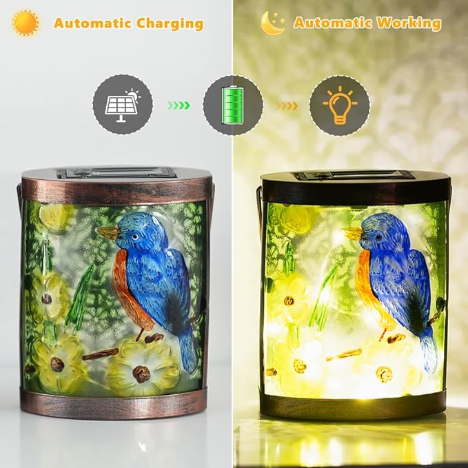 2 Pack Bluebird Solar Lanterns Outdoor Waterproof, Hanging Glass Solar Lantern with LED Light for Garden Yard Lawn