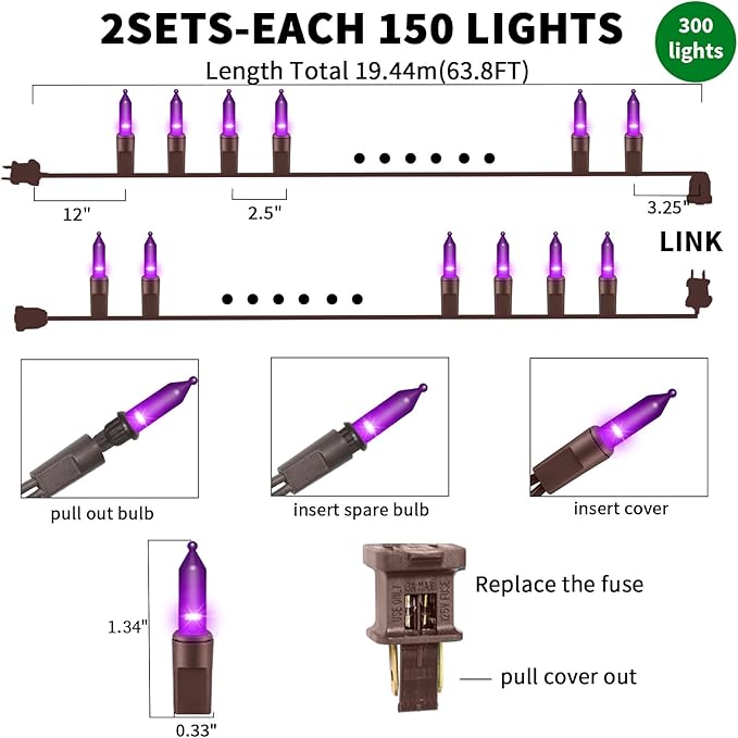 Ultra-Bright Connects End to End Purple Christmas Mini Lights 300L 63.8Ft(2Sets-Each 150L)UL Listed Incandescent Bulb String Light for Indoor Outdoor Halloween Home Garden Party Tree Decor