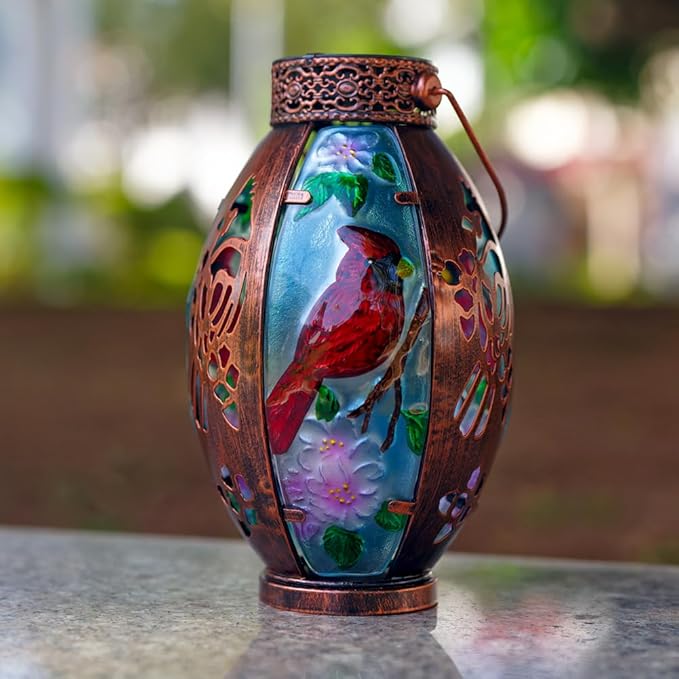 Starsoul Cardinal Outdoor Solar Lantern - Metal & Stained Glass Cardinal Solar Light, Waterproof Tabletop Lamp with Hollowed-Out Design for Yard, Patio, Garden, Pathway