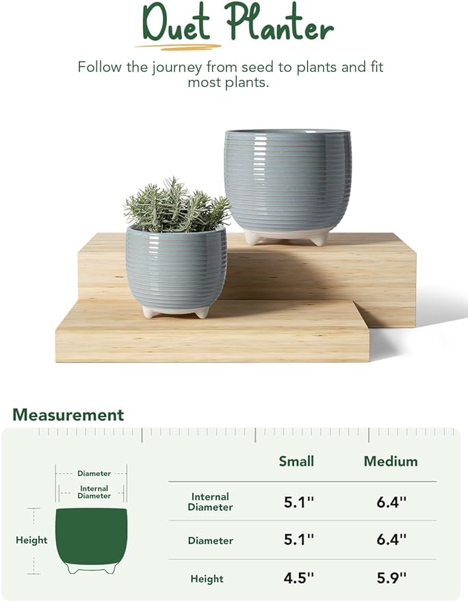 LE TAUCI Ceramic Plant Pots, 5.1 + 6.4 Inch Footed Pots for Plants, Modern Flower Pots for Home and Office, Indoor Planters with Drainage, Reactive Glaze Gray