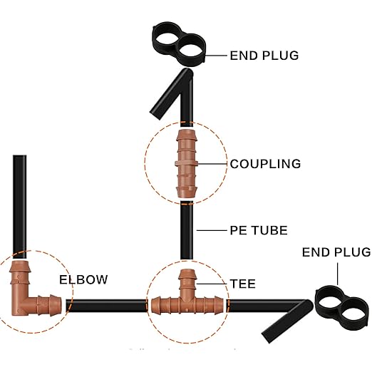 Irrigation Fittings Kit for 1/2"(.600" ID) Tubing,20 Pieces Set-8 Couplings, 6 Tees,6 Elbows - Barbed Connectors for Drip or Sprinkler Systems