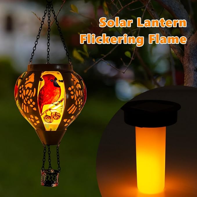 Cardinal Solar Hanging Lanterns Hot Air Balloon, Solar Outdoor Lanterns with Flame Decor for Garden Yard Patio, Cardinal Solar Lights Birthday Gift for Mom