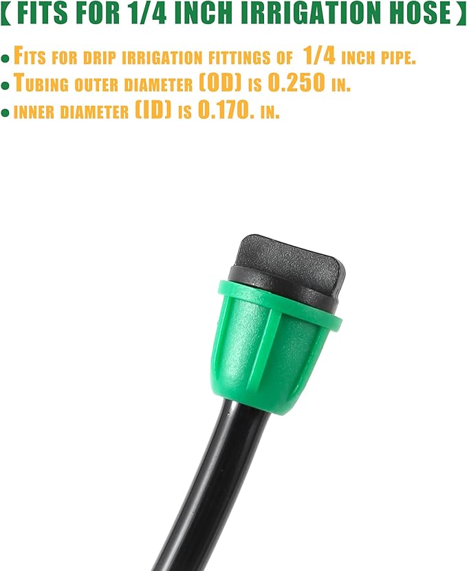 1/4 inch Drip Irrigation Fittings, Lock Barbed End Plugs for ¼ in. tubing; Tubing Outside Diameter (OD) is 0.250 in., Internal Diameter (ID) is 0.170. in.(25Pcs/Pack) (Green-End Cap)