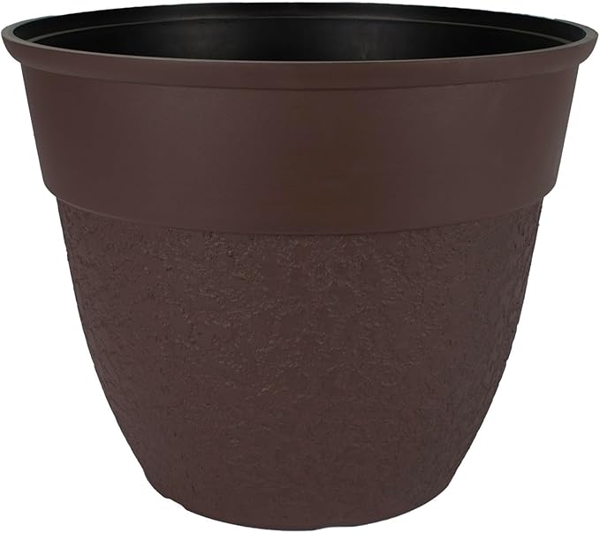 The HC Companies 16 Inch Brookhaven Decorative Round Planter - Lightweight Premium Resin Plant Pot with a Stonelike Texture for Indoor Outdoor Use, Brown