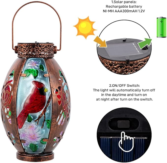 Starsoul 2 PC Cardinal Outdoor Solar Lantern Cardinal Solar Light Waterproof Tabletop Lamp with Hollowed-Out Design for Yard Patio Garden Pathway
