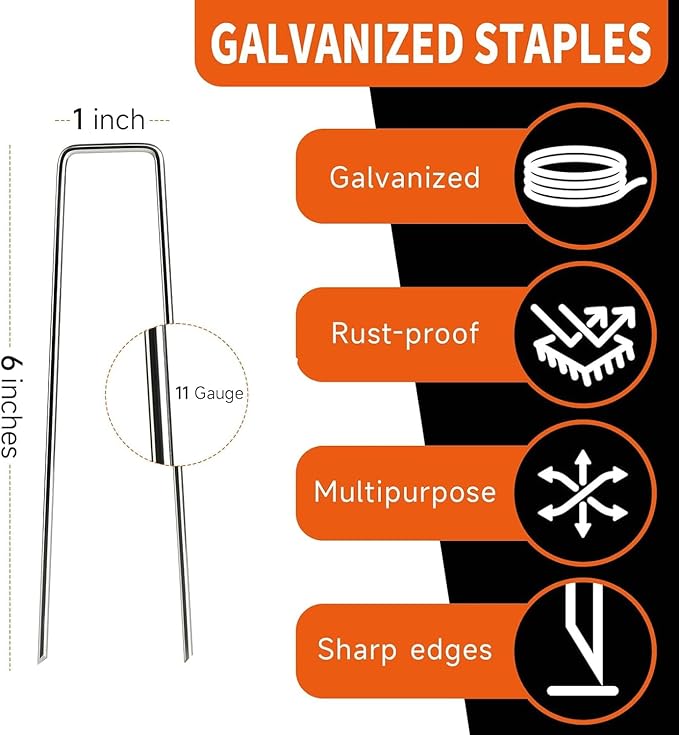 6 Inch Galvanized Landscape Staples- 500 Metal Garden Stakes for Gardening -11 Gauge Anti-Rust Heavy-Duty Ground Sod Pins Yard Stakes for Weed Barrier Fabric Irrigation Tubing Hose