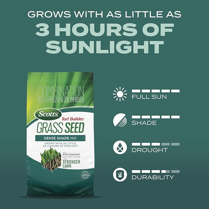 Scotts Turf Builder Grass Seed Dense Shade Mix with Fertilizer and Soil Improver, Grows With Little Sunlight, 2.4 lbs.