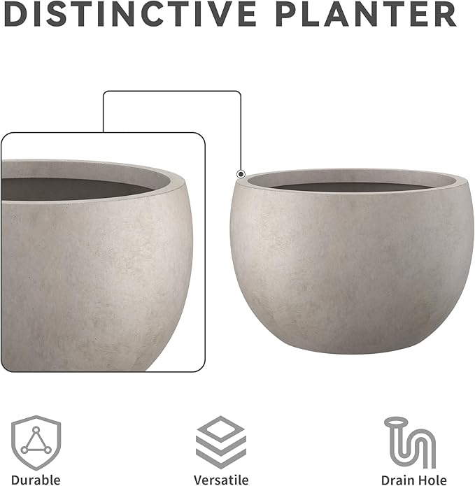 Kante 19.9" Dia Round Concrete Planter, Outdoor/Indoor Large Bowl Plant Pots with Drainage Hole and Rubber Plug for Garden Patio Balcony Home, Weathered Concrete