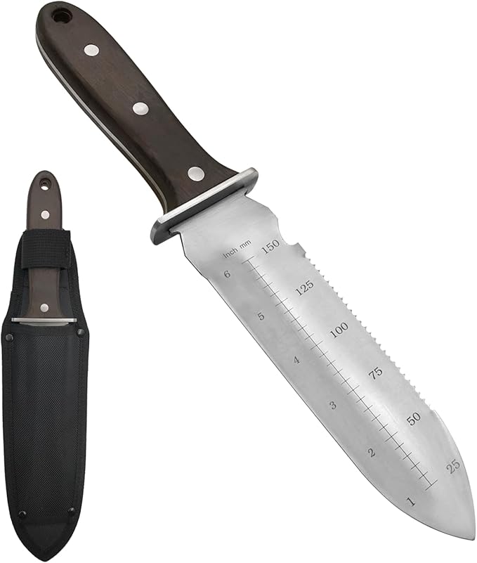 Professional Hori Hori Garden Knife, 7" Stainless Steel Blade with Protective Coating Full-Tang Wood Handle with Oxford Sheath for Weeding, Digging, Cutting and Planting