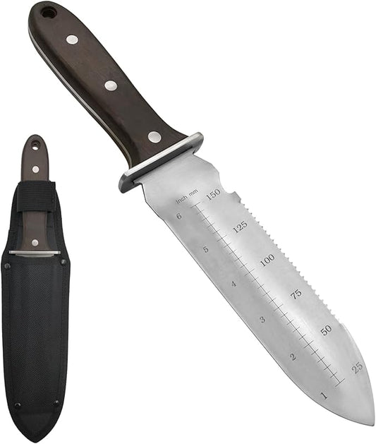 Professional Hori Hori Garden Knife, 7" Stainless Steel Blade with Protective Coating Full-Tang Wood Handle with Oxford Sheath for Weeding, Digging, Cutting and Planting