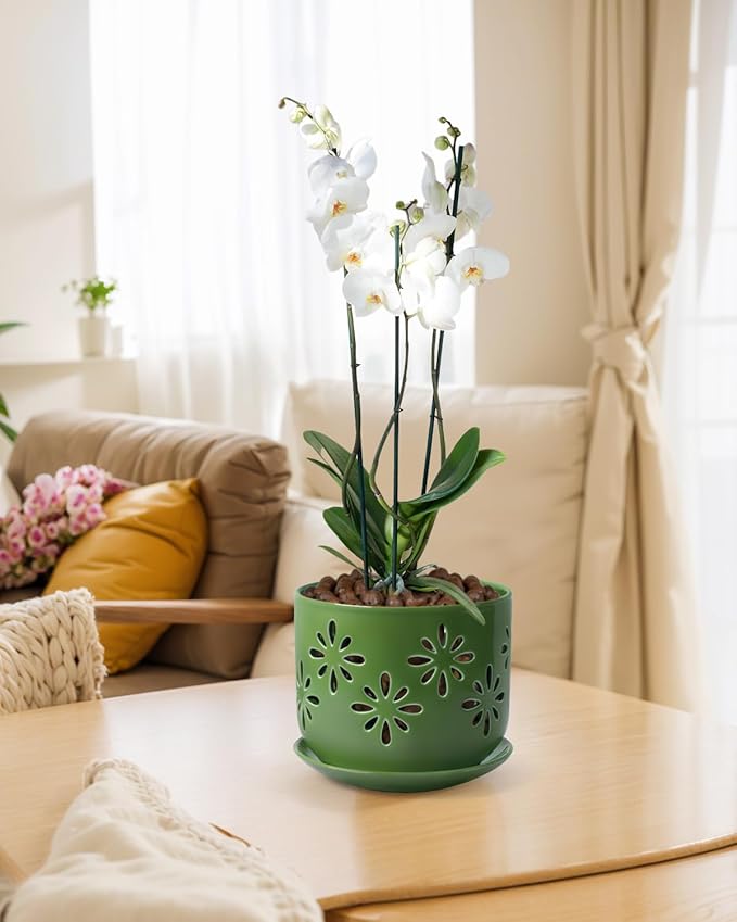 EFISPSS Orchid Pots with Holes,5+6 Inch Ceramic Plant Pots with Drainage Holes and Tray,Enhanced Drainage and Ventilation,Flower Pots for Indoor/Outdoor Plants for Repotting - Green