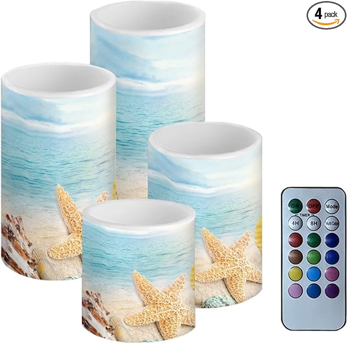 Flameless Candles Battery Powered LED Candles with Remote Timer Color Changing Control Long Lasting for Indoor Outdoor Beach Home Decoration Set of 4, Coastal Starfish Blue Sea