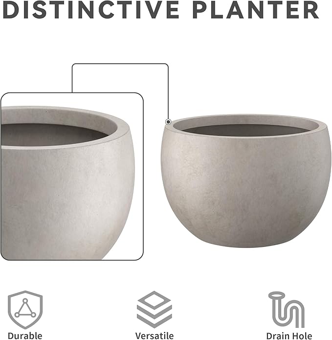 Kante 15.7" Dia Round Concrete Planter, Outdoor/Indoor Large Bowl Plant Pots with Drainage Hole and Rubber Plug for Garden Patio Balcony Home, Weathered Concrete