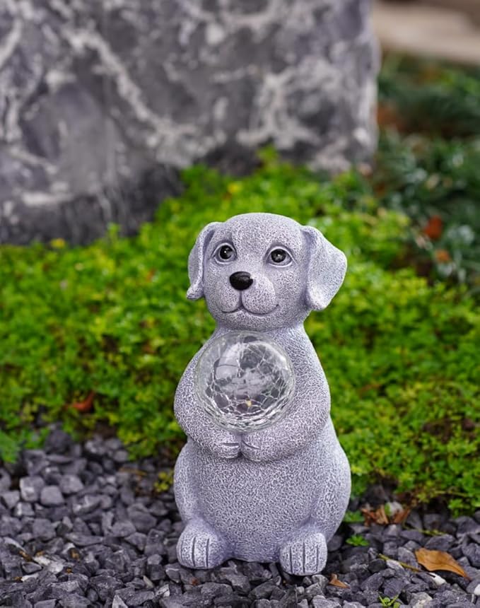 Solar Dog Garden Statues - 8.4 "Dog Decor with Gazing Ball Solar LED Lights, Unique Gifts for Mom Grandma Birthdays, Outdoor Decor for Outside Lawn Porch Patio (Gray)