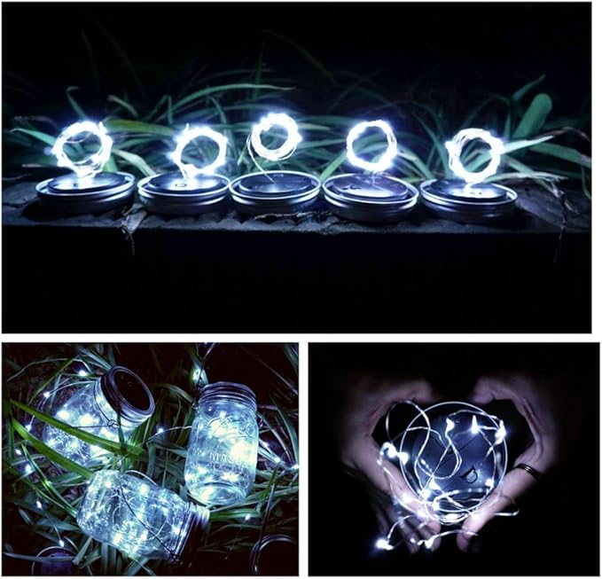 SmilingTown Solar Mason Jar String Light Lids 12 Pack 30 LED Fairy Firefly Inserts Lighting with 12 Hangers Waterproof for Outdoor Tree Patio Lawn Garden Decor, No Jars (Cool White)