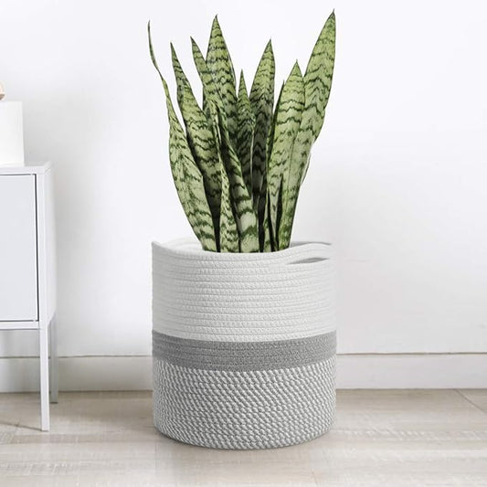 TIMEYARD Woven Cotton Rope Plant Basket for 10" Flower Pot Floor Indoor Planters, 11” x 11” Storage Basket Organizer Modern Home Decor, Grey and White Stripes