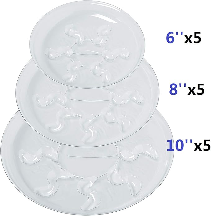 Idyllize 15 Pack Assorted Sizes 6 8 10 Inch Clear Thick Plastic Heavy Duty Sturdy Plant Saucer Drip Trays for pots, 5 Pieces of Each Size (Assorted Sizes 6'', 8'', 10'')