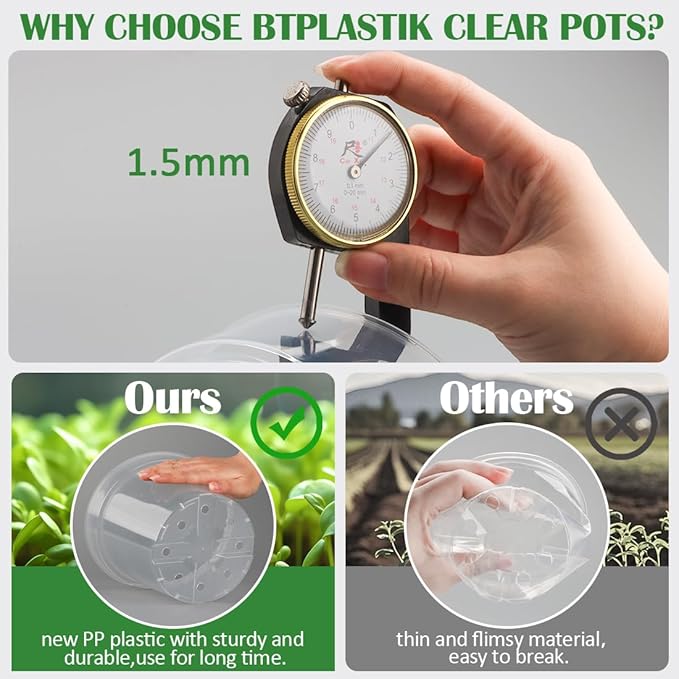 12 Pack 7 Inch Clear Nursery Pots with Saucer, Transparent Plastic Plant Pots with Drainage Holes, Sturdy Plant Starter Pots, Garden Planter Pot for Planting Succulents Flowers Herb Vegetables