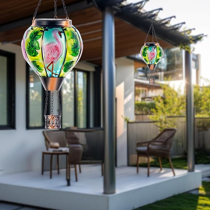 Starsoul Flamingo Hot Air Balloon Solar Lantern Solar Hot Air Balloon Flickering Flame Hanging Garden Light Metal & Glass Waterproof Lanterns for Yard Patio Farmhouse Decoration