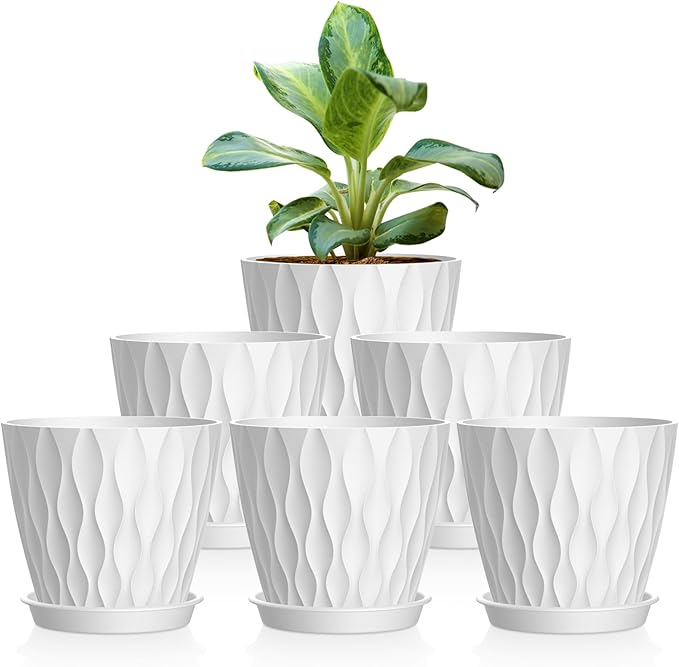 6 Pack 4 Inch Small Plant Pots with Saucers, 3D Textured Plastic Planters with Drainage Holes for Indoor and Outdoor Plants, Flowers, Herbs, Succulents, and Seedlings, White