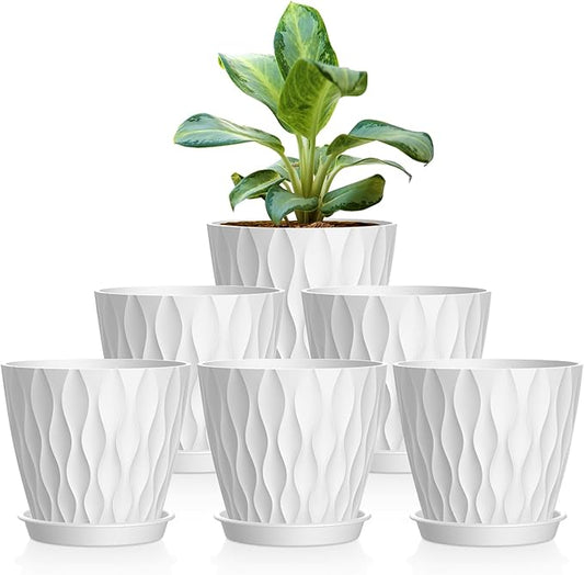 6 Pack 4 Inch Small Plant Pots with Saucers, 3D Textured Plastic Planters with Drainage Holes for Indoor and Outdoor Plants, Flowers, Herbs, Succulents, and Seedlings, White