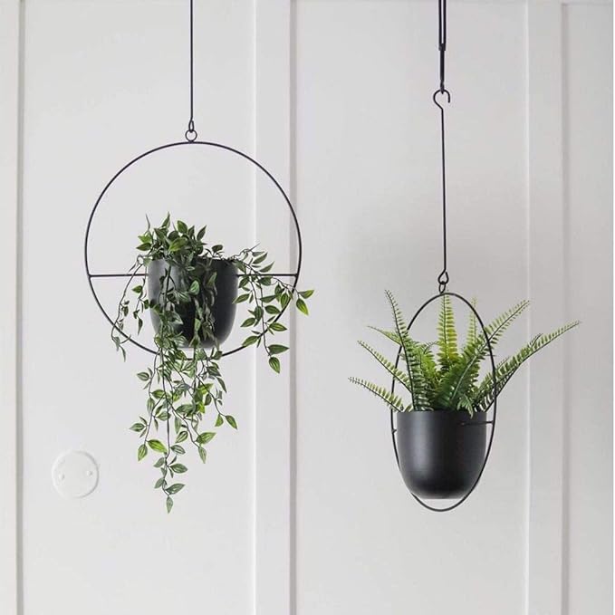Hanging Planter for Indoor Outdoor Plants Metal Mid Century Minimalist Wall Ceiling Plant Hanger Hanging Flower Pot Basket Holder for Home Office Décor, Black
