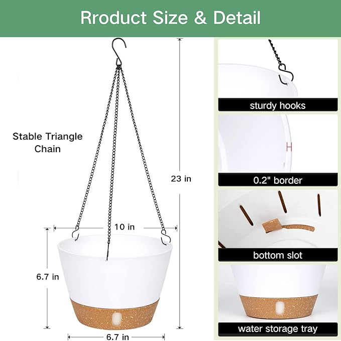 QCQHDU 2 Pack 10 inch Hanging Planters for Indoor Plants, Outdoor Hanging Baskets, Self Watering Pots with Drainage Holes & Removable Tray (White, 10 inch)